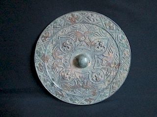 ANTIQUE Chinese Bronze Mirror with double birds and Buddha. 18.50 cm