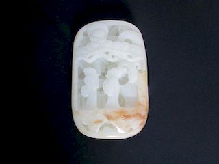 OLD Chinese White Jade Boulder carvings with Fishermen, 14cmx9cmx3.4cm
