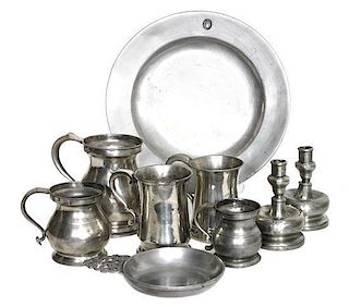 A Group of Eight Pewter Table Articles Height 6 inches (largest)