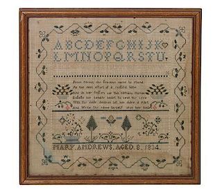 An American Needlework Sampler 16 3/4 x 17 1/2 inches