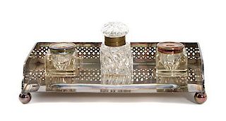 A Silver Plate and Glass Inkwell Set Length 8 1/2 x width 5 inches