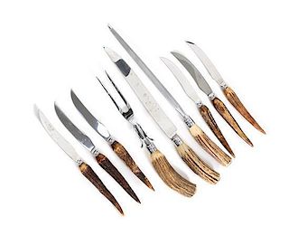 A Hasselbring Stainless Steel and Antler Carving Set and Steak Knives Length of carving knife 12 1/2 inches