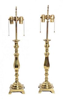 A Pair of Brass Table Lamps Height 28 1/2 inches (overall)