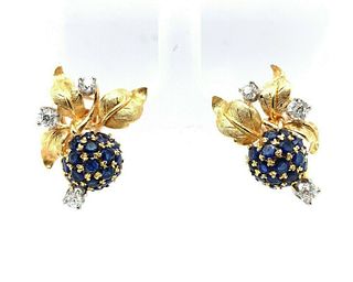 18k Gold Antique Genuine Natural Sapphire and Diamond Blackberry Earrings #J5433
