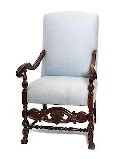 A William and Mary Style Walnut Open Arm Chair Height 43 1/4 x width 27 x depth 28 inches