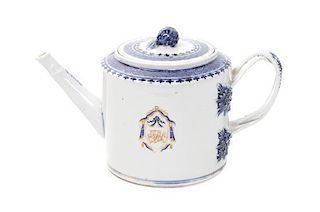 A Chinese Export Armorial Porcelain Teapot Height 5 x width 9 1/2 inches