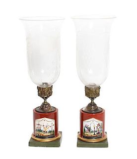 A Pair of Chinese Export Porcelain Hurricane Candle Sticks Height 18 1/2 inches