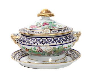 A Chinese Export Famille Rose Porcelain Covered Sauce Tureen and Underplate Width over handles 8 1/4 inches