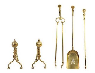 A Polished Brass Fireplace Set Length 24 inches