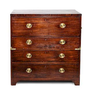 A Campaign Style Mahogany Secretaire Chest of Drawers Height 39 1/2 x width 38 x depth 20 inches