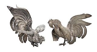Two Peruvian Silver Fighting Roosters Height 7 1/4 inches