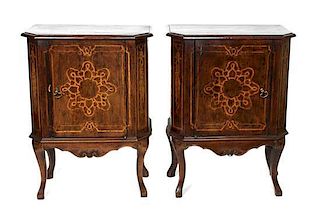 A Pair of Continental Inlaid Wood Side Cabinets Height 35 1/2 x width 26 1/2 x depth 13 1/4 inches