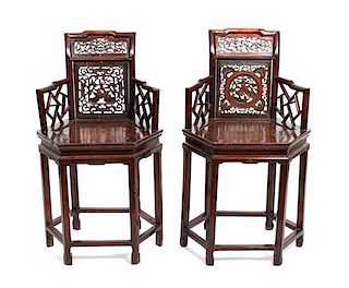 A Pair of Chinese Rosewood Octagonal Chairs Height 36 inches