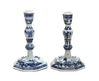 A Pair of Chinese Blue and White Porcelain Candlesticks Height 7 1/2 inches