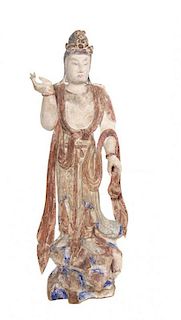 A Chinese Painted Wood Figure of Guanyin Height 29 inches