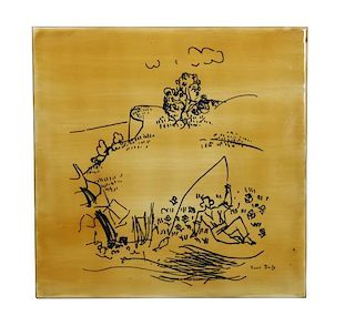 A Spadem Ceramic Tile Designed by Raoul Dufy Height 9 3/4 x width 9 3/4 inches