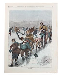 Five Hand Colored Winter Sports Prints Height 15 x width 10 inches (largest)