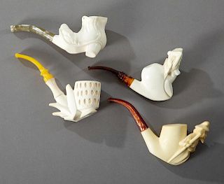 Group of Four Large Carved Meerschaum Pipes, 20th