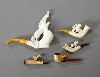 Group of Five Carved Horse Meerschaum Pipes, three