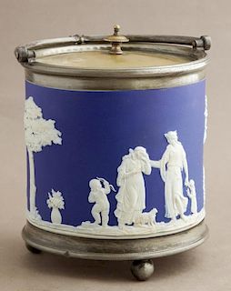 Wedgwood Blue Jasperware Biscuit Barrel, c. 1900,