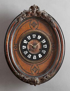 French Carved Walnut Oval Wall Clock, c. 1880, tim