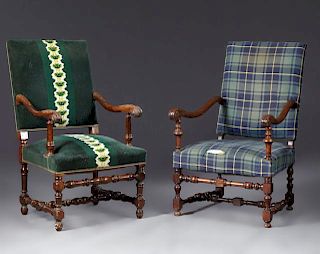Two French Louis XIII Style Fauteuils, 19th c., co
