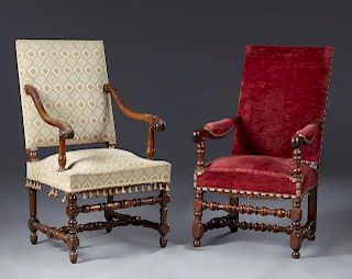 Two French Louis XIII Style Carved Walnut Fauteuil