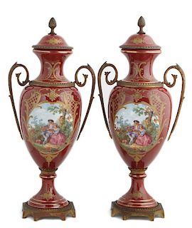 Pair of Sevres Style Brass Mounted Covered Baluste