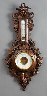 French Carved Oak Aneroid Barometer, 19th c., with