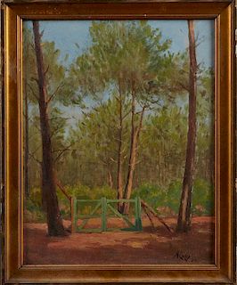 A. Rapy, "Piney Woods," 1938, oil on board, signed