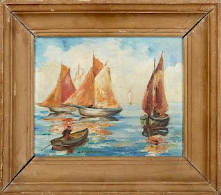 J. Chavent, "Sailboats on the Water," 20th c., oil