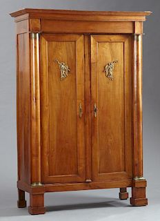French Empire Ormolu Mounted Carved Cherry Armoire