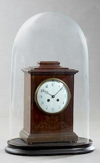French Brass Inlaid Carved Mahogany Mantel Clock,