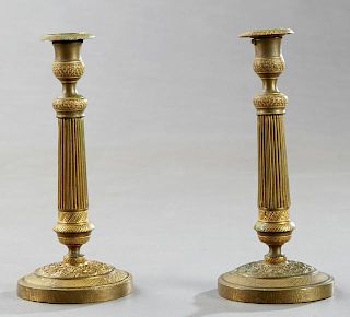 Pair of Empire Style Brass Single Candlesticks, 19