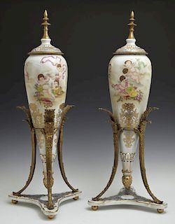 Pair of Patinated Bronze Mounted Sevres Style Porc