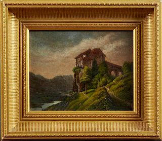 French School, "Chateau on the Hill," 19th c., oil