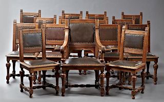 Set of Fifteen Louis XIII Style Carved Oak Dining