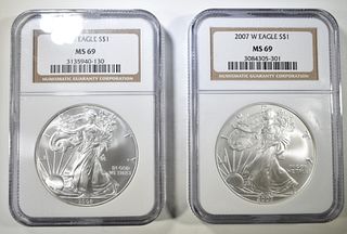 2007-W & 2008 AMERICAN SILVER EAGLES NGC MS-69