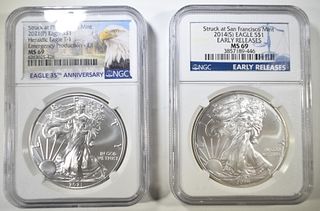 2014 (S) & 2021 (P) AM. SILVER EAGLES NGC MS-69