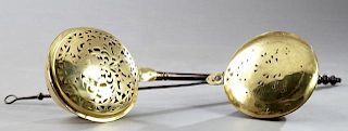 Two Brass Bed Warmers, 19th c., with pierced lids,