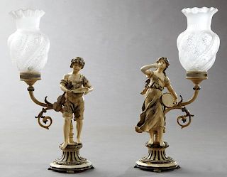 Pair of Polychromed Spelter Figural Lamps, early 2