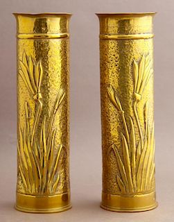 Pair of Brass Trench Art Vases, c. 1918, with poke
