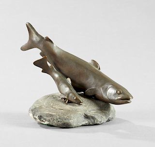 "Two Fish on a Rock," 20th c., bronze group, H.- 8