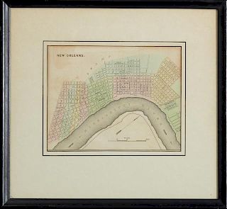 Map of New Orleans, 19th c., hand-colored, framed,