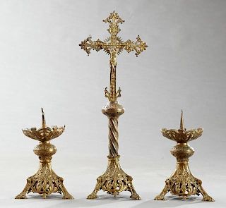Three Piece Brass Altar Set, 19th c., consisting o