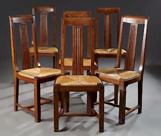 Set of Six French Art Deco Carved Oak Rush Seat Di