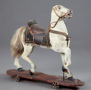 Child's Pull Toy Ride-On Caned Wooden Horse, c. 19