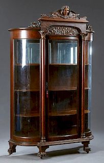 American Carved Oak Curved Glass Curio Cabinet, la