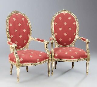 Pair of Louis XVI Style Polychromed Fauteuils, 20t
