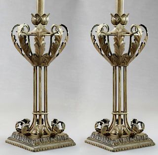 Pair of Wrought Iron Table Lamps, 20th c., with re